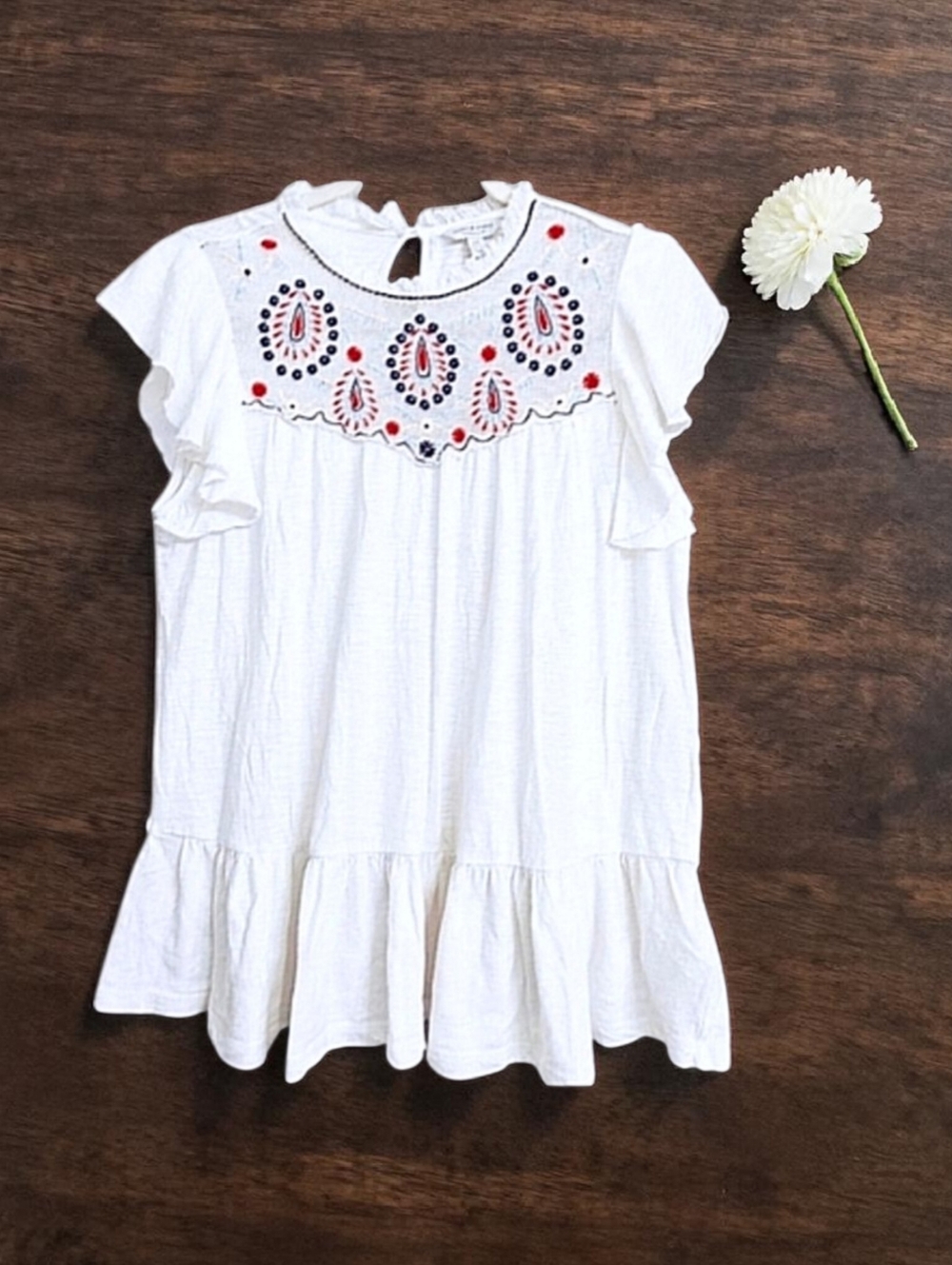 Lucky Brand Boho Embroidered Mesh Flutter Sleeve Peplum Blouse Small
